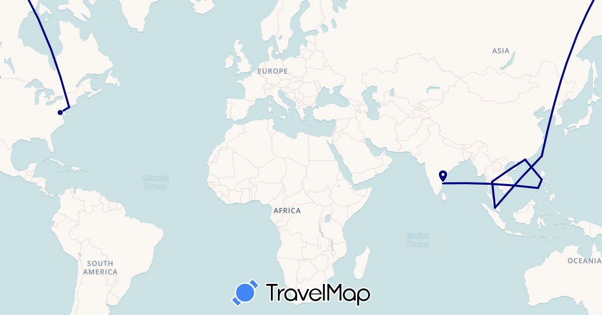 TravelMap itinerary: driving in Hong Kong, India, Malaysia, Philippines, Thailand, Taiwan, United States (Asia, North America)